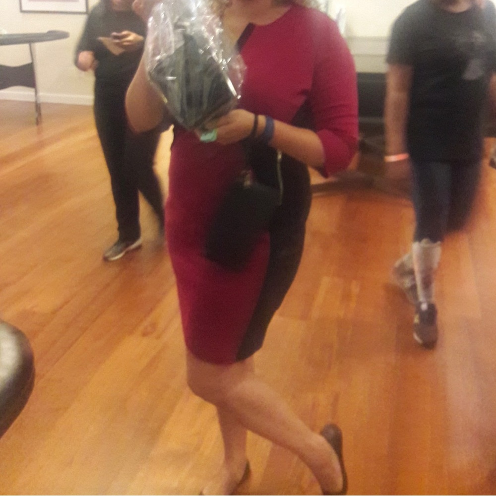 Pink and black v neck colorblock dress. Very slimming.
